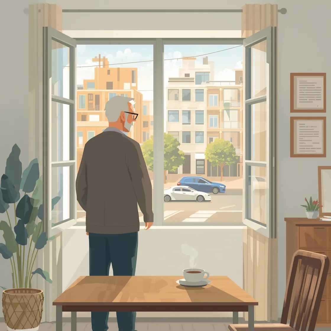 איש מבוגר עם משקפיים עומד ליד חלון פתוח בדירה ומביט אל הרחוב, וכוס תה מונחת על השולחן.